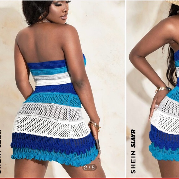 Strapless Blue and White/color blocked crochet midi dress - Picture 2 of 3